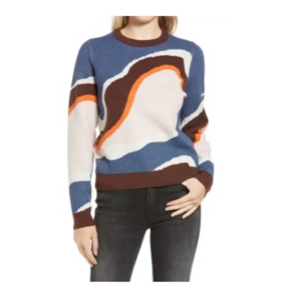 Treasure & Bond Geode/Swirl Intarsia Sweater in “Blue-Pink Sand Dune”